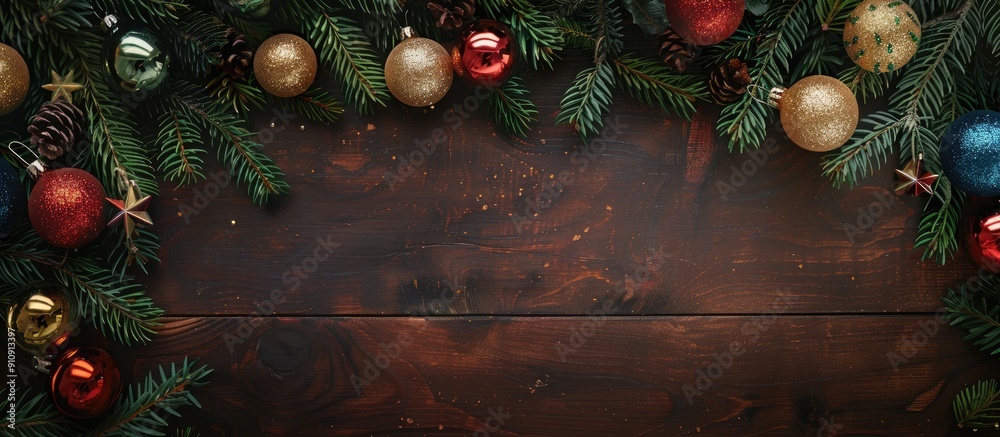 Aufkleber Festive backdrop with a Christmas theme featuring pine branches vibrant glass ornaments on a wooden surface Top down view with space for text or image insertion. Creative banner. Copyspace image