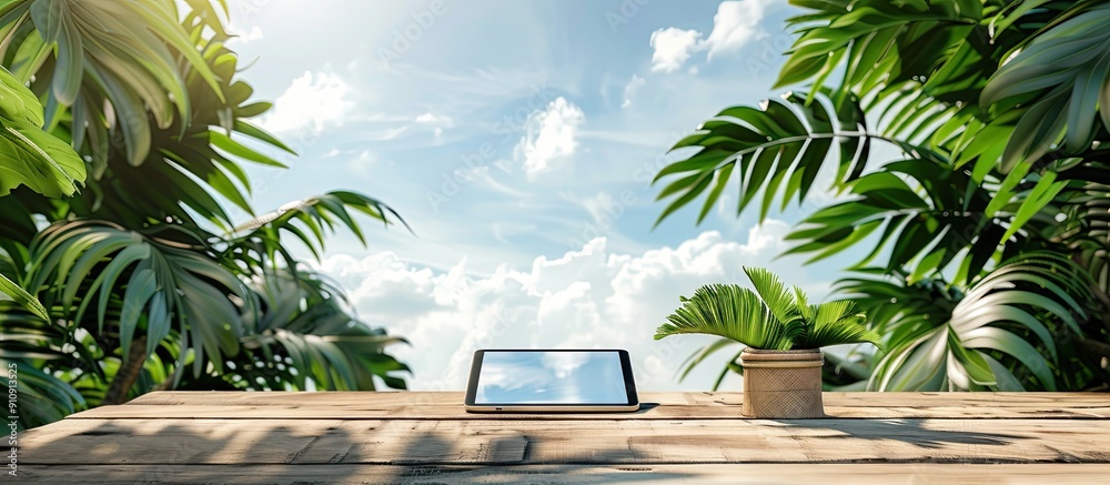 Poster wooden table with a digital tablet resting on it accompanied by lush green leaves all set against a 