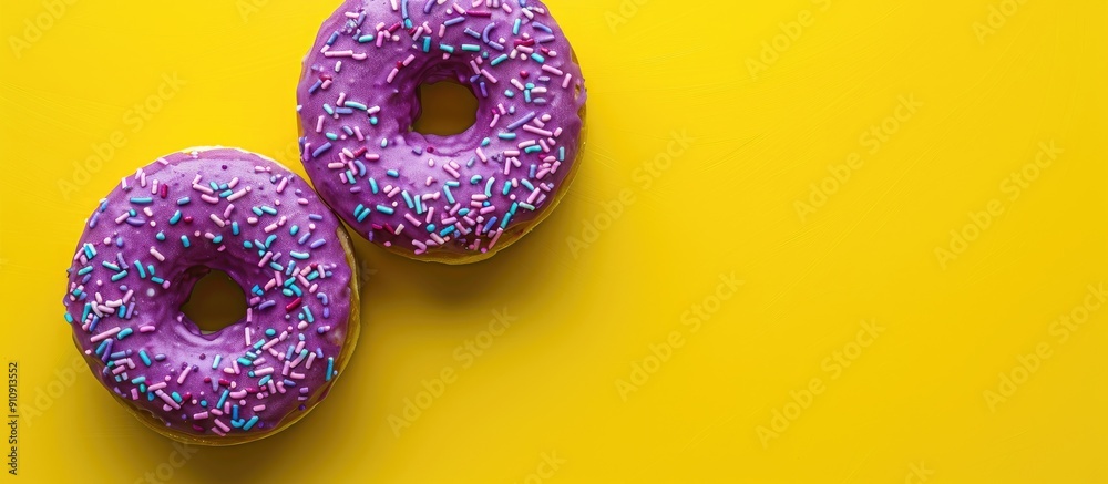 Poster Two delectable lilac donuts with sprinkles on a vibrant yellow backdrop tempting treats that are indulgent but delicious with room for text or graphics Top view. Creative banner. Copyspace image