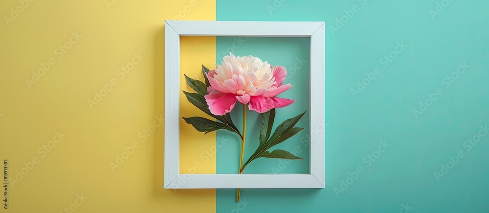 Poster Peony flower in pink close up on a colorful background within a white frame A minimalistic composition with a flat lay and top view emphasizing the natural concept and copy space image