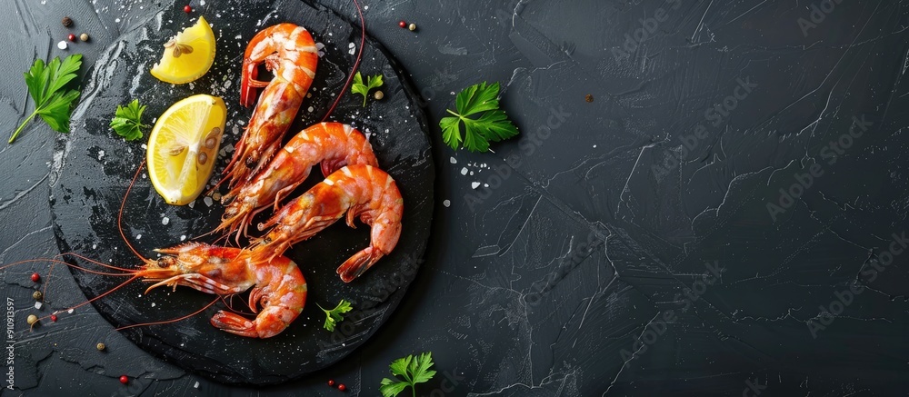 Poster Seafood dish of cooked shrimp with parsley and lemon on a sleek black stone plate captured from above with a blank space suitable for adding text or images. Creative banner. Copyspace image