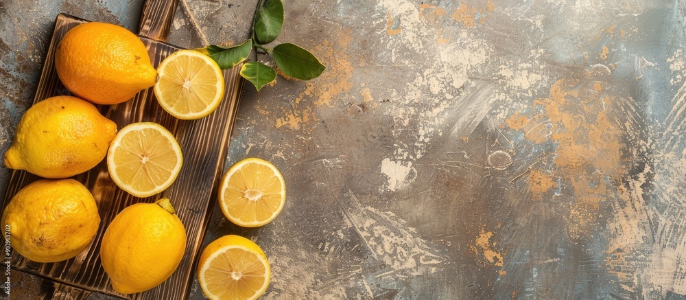 Aufkleber fresh lemons arranged on a wooden cutting board in a flat lay composition with copy space image