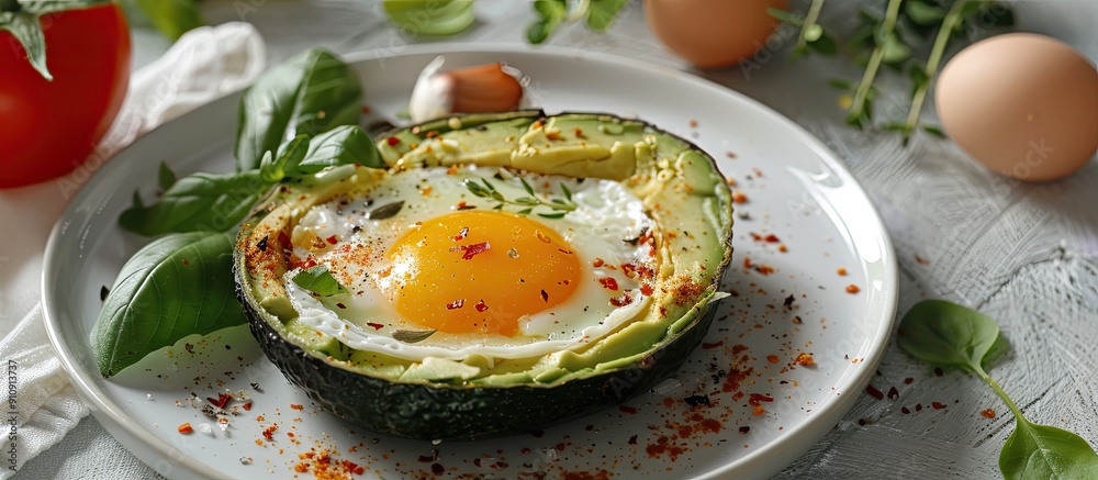 Poster a plate with a delectable egg baked in avocado accompanied by fresh vegetables presented on a table 