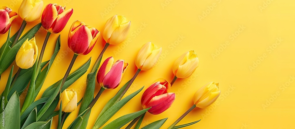 Leinwandbilder top view of lovely spring tulips against a bright background with space for additional image
