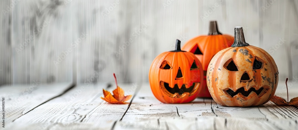 Poster a halloween themed image with pumpkins on a white wooden surface symbolizing autumn with space for t