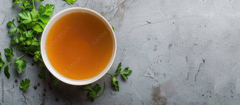 Poster a healthy food moment captured from above with a bowl of broth on a gray background providing ample 