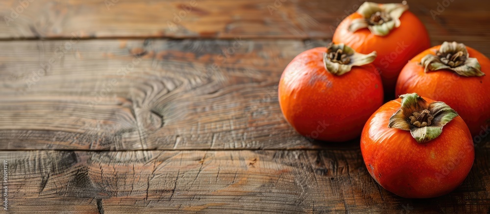 Poster A tabletop displays ripe persimmon fruits with copy space image
