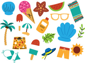 a collage summer beach of pictures with a hat, sunglasses, and a hat.