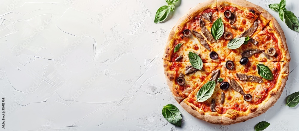 Poster Top view of a flavorful pizza with anchovies basil and olives on a white tabletop providing space for text in the image. Creative banner. Copyspace image