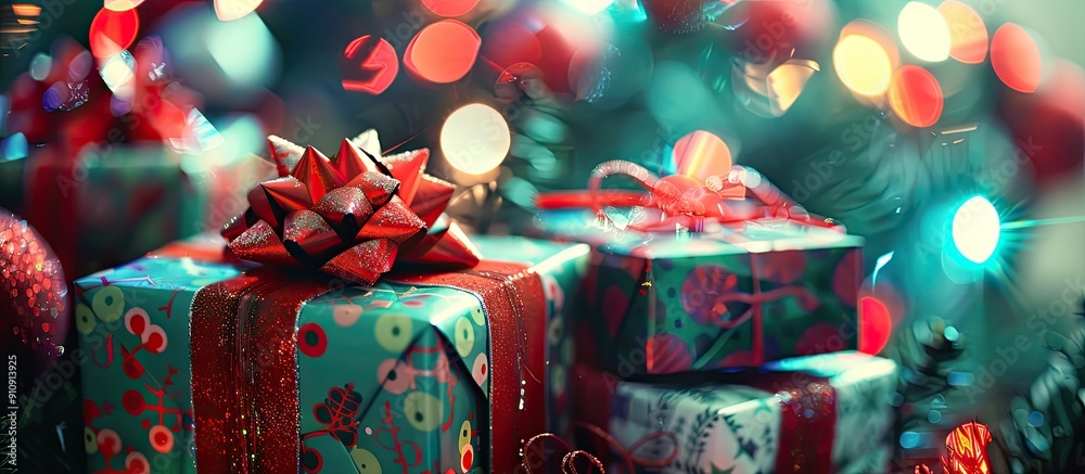 Poster festive christmas gift boxes with themed wrapping and a defocused background of christmas lights pro
