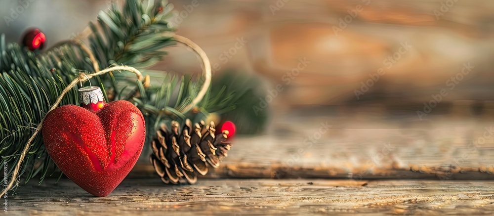 Aufkleber A rustic heart and Christmas tree baubles on a background featuring a copy space image