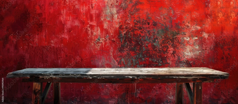 Leinwandbilder a rustic table is set against a textured red wall with abstract patterns forming a striking backdrop