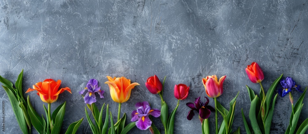 Fototapete a gray backdrop with vivid tulips and irises creates a charming copy space image for spring