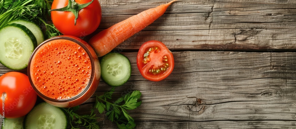 Poster A top down view of a wooden table with a fresh vegetable smoothie made of tomatoes cucumbers and carrots with empty space for text or visuals. Creative banner. Copyspace image