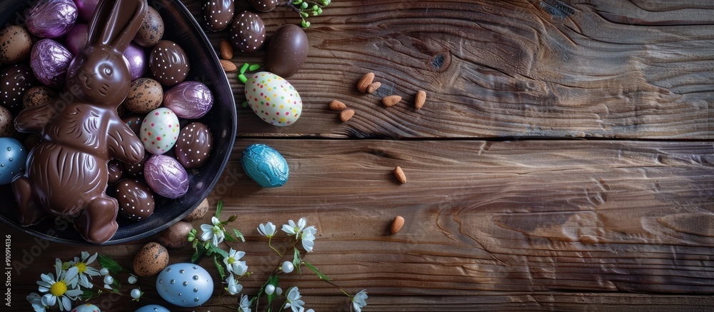 Poster table adorned with chocolate easter bunnies and candies perfect for a copy space image