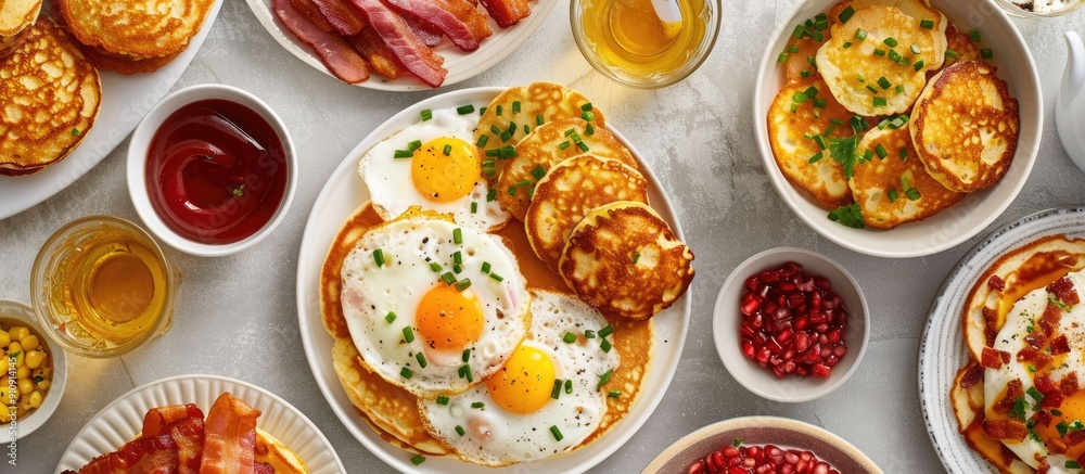 Poster Top view of a wholesome American breakfast spread with eggs bacon pancakes and latkes with copy space image
