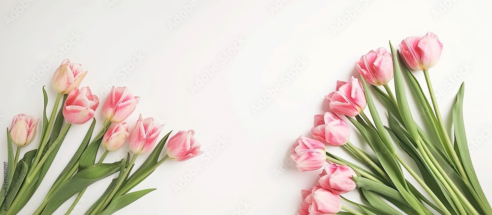 Aufkleber Top view of a festive pink tulip arrangement on a white background with ample copy space for various occasions like birthdays Mother s Day Valentine s Women s Day or weddings