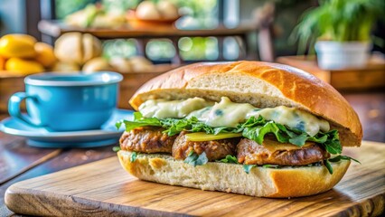 Un sándwich de pollo asado con lechuga, queso y pepino servido sobre una tabla de madera en un entorno acogedor de café. Ideal para un almuerzo rápido y delicioso con una taza de café caliente © Serjio