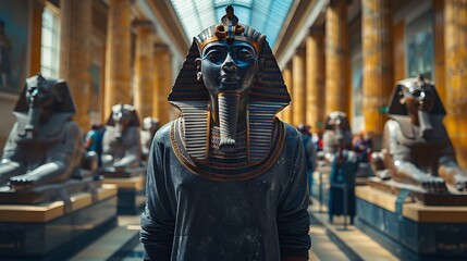 A day spent exploring the British Museum in London, with a solo traveler admiring the ancient Egyptian artifacts, the grand hall bathed in soft natural light,