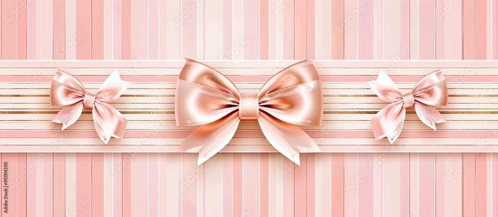 Poster romantic postcard design template with a pastel striped background adorned by shining rose gold bows