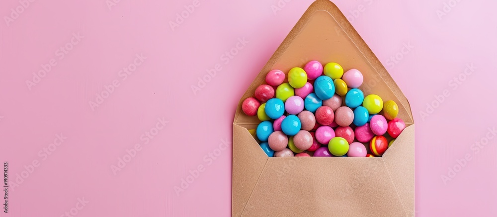 Fototapete copy space image of an envelope covered with colorful candies displayed on a pink backdrop