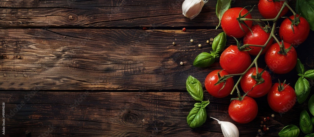 Poster italian cuisine ingredients like tomato basil and garlic on a dark wooden table top view with a spac