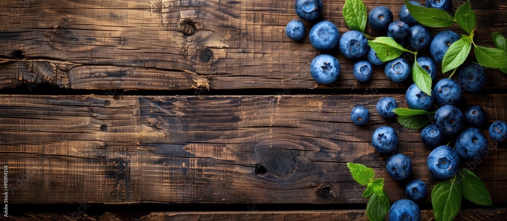 Aufkleber Ripe blueberries placed on weathered wooden backdrop in a flat lay style with copy space image