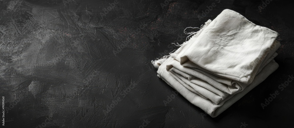 Poster top view of folded linen kitchen towel on black background with copy space image