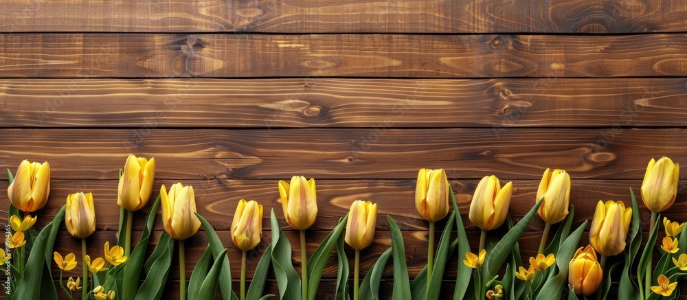 Poster a wooden backdrop with yellow tulips perfect for a copy space image ideal for a springtime greeting 