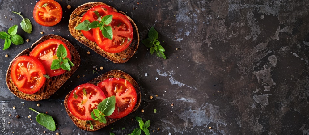 Poster toast topped with juicy tomatoes and aromatic oregano a delightful snack with a copy space image