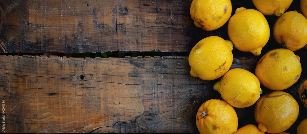 Leinwandbilder Lemons arranged on a wooden surface with a wood background creating a rustic copy space image