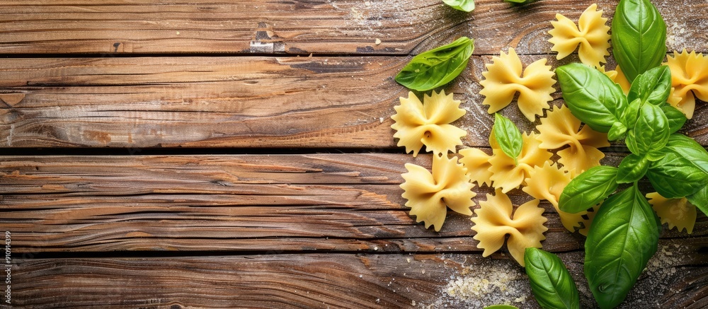 Poster a pleasing top view of farfalle and fresh basil leaves on a wooden table with copy space for text