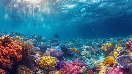 A diver exploring the Great Barrier Reef, Australia, with the colorful coral formations, diverse marine life, and the clear blue water creating a serene and vibrant underwater world. DSLR,
