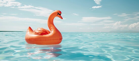 Fototapeta premium An inflatable orange swan balloon floating in a refreshing swimming pool water with a clear blue sky backdrop providing a serene copy space image