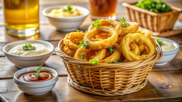 Crujientes aros de cebolla fritos servidos en una cesta de mimbre, acompa&ntilde;ados de tres tipos de salsas. Una escena perfecta para un aperitivo casual en una mesa de madera.