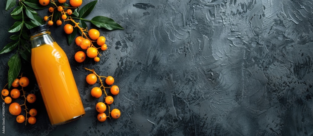 Poster gray table with a delicious sea buckthorn juice bottle allowing for copy space image