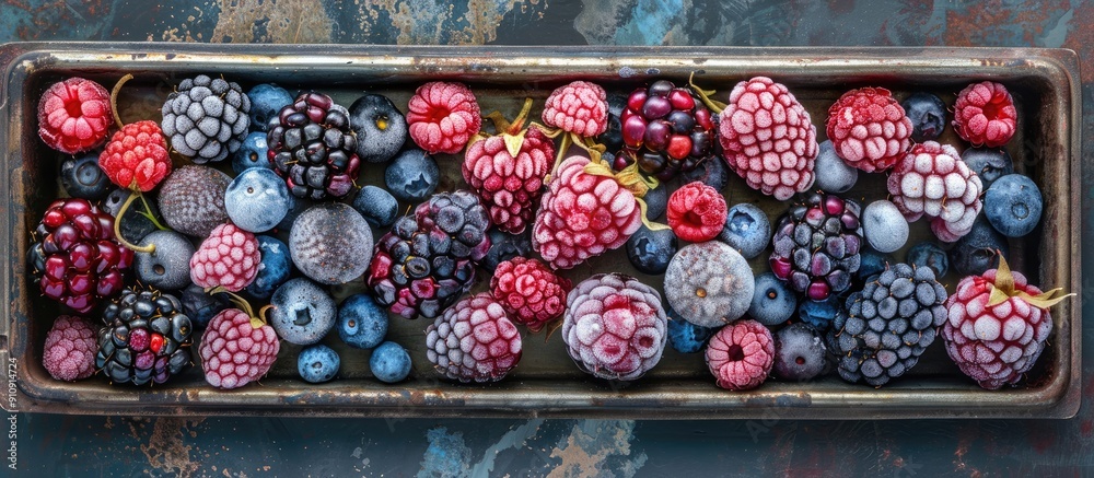 Aufkleber top down view of a vintage metal tray filled with a variety of frozen berries providing an area for 
