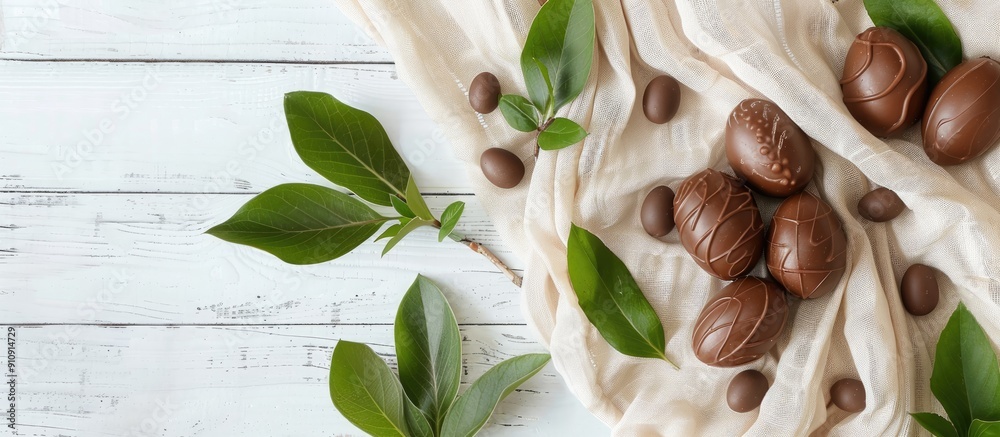 Aufkleber Easter themed chocolate eggs on a white wooden surface with natural linen fabric and green spring leaves for a rustic backdrop in a photo with empty space for design elements. Creative banner