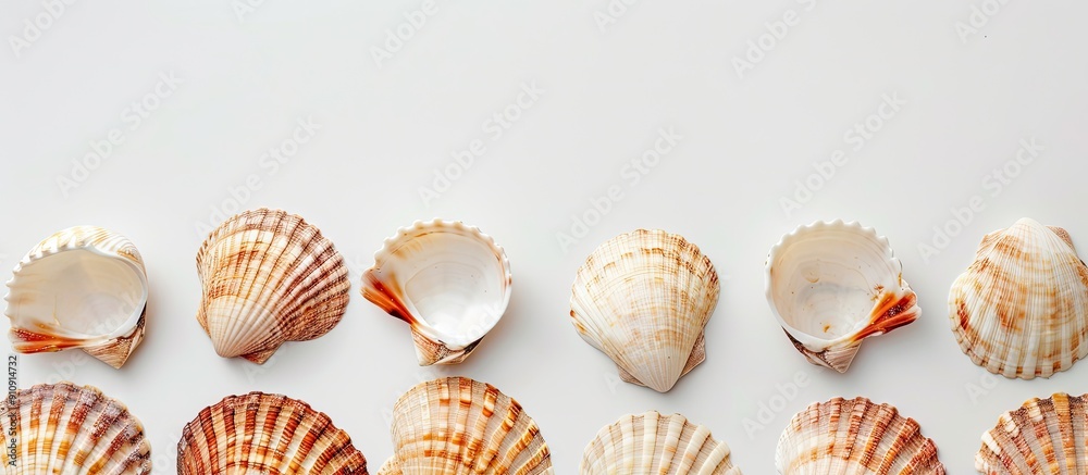 Aufkleber several fresh scallop seashells arranged on a white backdrop providing ample copy space image