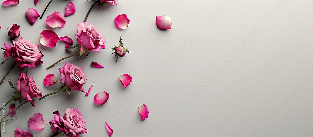 Poster pink roses on a grey background create a romantic floral frame image perfect for valentine s day wit