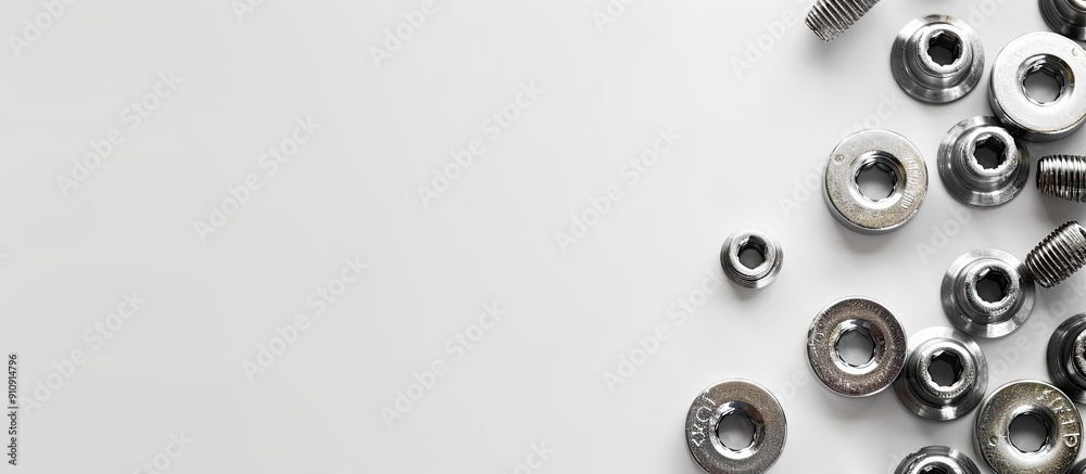 Poster Screws and washers arranged on a white backdrop next to a blank space reserved for an image. Creative banner. Copyspace image