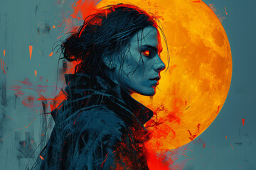 Fototapeta premium A Frightening Vampire with Full Moon in Background. Digital Painting