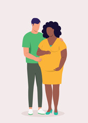 Portrait Of Plus Size Black Pregnant Wife With Her White Husband Standing Together With Arms Around.