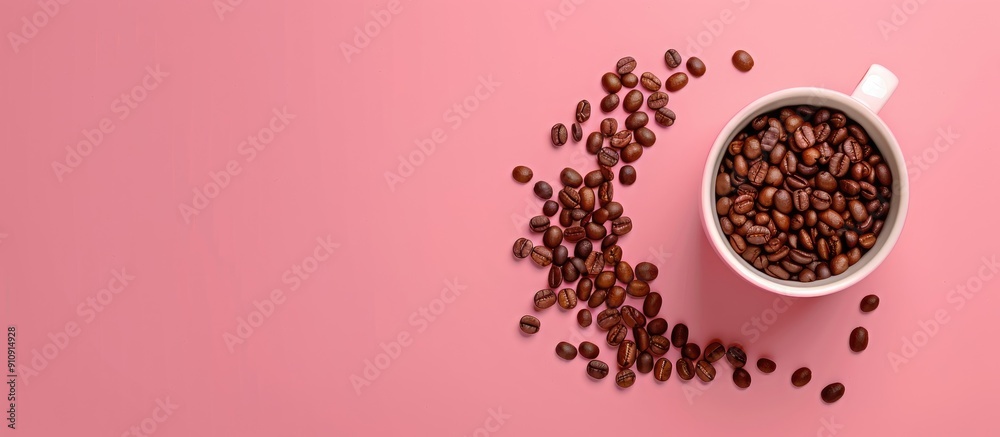 Poster Pink background enhances the appeal of the cup with coffee beans placed on it creating an aesthetically pleasing copy space image