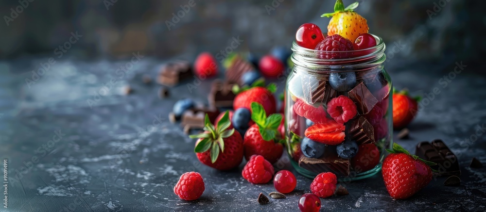 Poster glass jar filled with fruity chocolate creating a vibrant and mouth watering copy space image