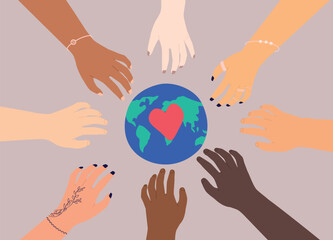 Diverse Group Of Human’s Hands Working Together To Help Save The Earth.