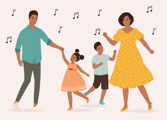 Happy Black Family With Two Children Dancing Together With Music. Full Length.