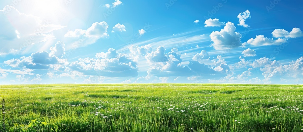 Poster soft focus horizontal landscape with a blue sky white clouds and ample copy space image
