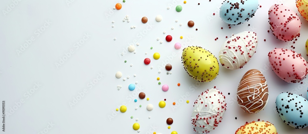 Poster a festive easter theme featuring colorful chocolate eggs with sugary dragees on a white backdrop wit