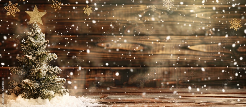 Aufkleber a wooden background with a festive frame featuring artificial snow creating a cozy winter ambiance w